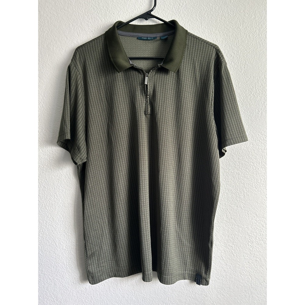 Perry Ellis Mens Polo Shirt XL Green Geometric Jacquard Short Sleeve Zip Golf